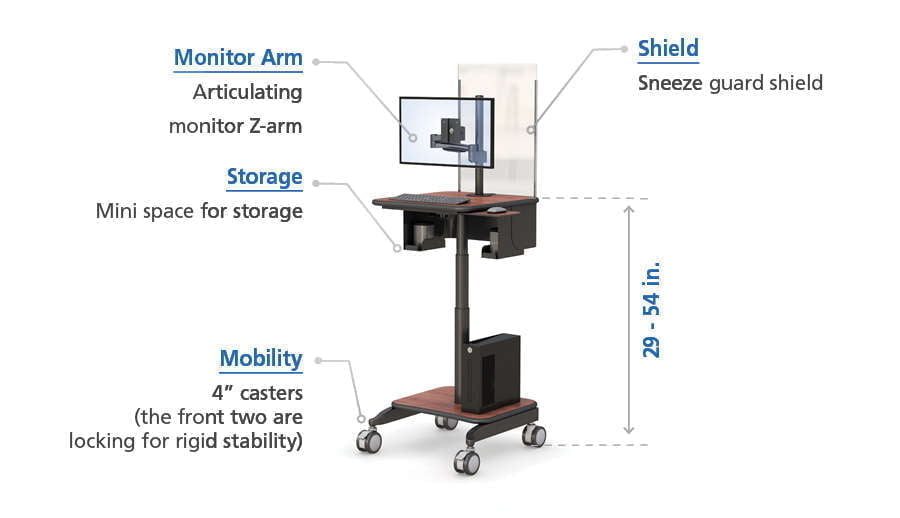 Mobile Computer Cart Monitor Arm with Sneeze and Cough Guard specs