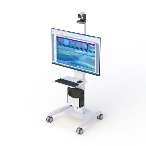 Dual-display video conferencing telemedicine cart with ergonomic design and adjustable height for clinical use