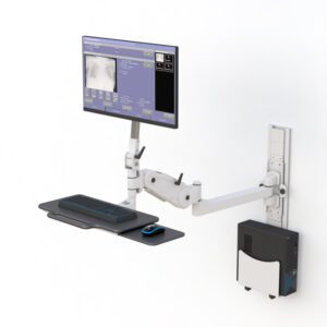 Wall‑mounted complete foldable workstation with monitor arm, keyboard tray, printer shelf, and CPU mount folded down.