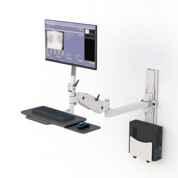 Wall‑mounted complete foldable workstation with monitor arm, keyboard tray, printer shelf, and CPU mount folded down.
