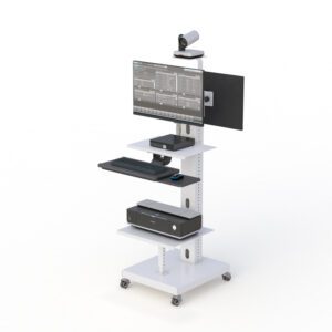Mobile telemedicine cart with dual monitors, camera mount, and ergonomic design for remote healthcare communication
