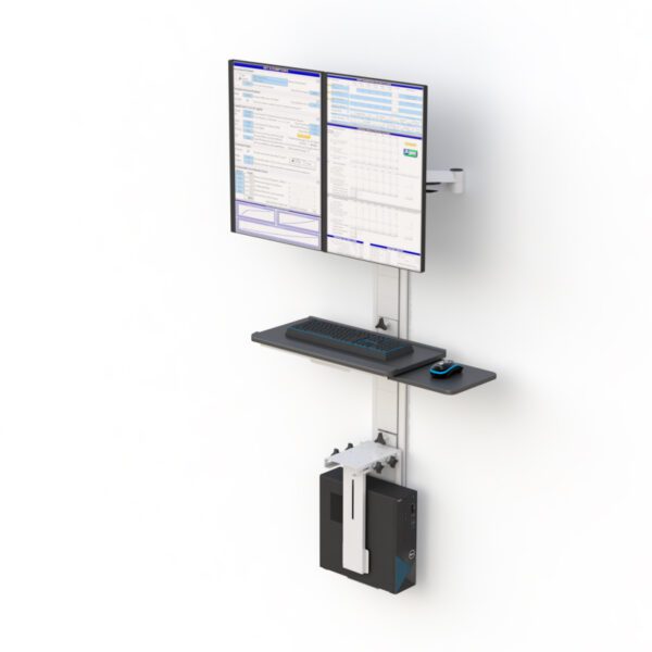 Wall‑mounted dual‑monitor workstation on vertical track with height‑adjustable arms, keyboard tray, and CPU mount.