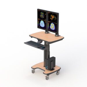 Medical computer cart with adjustable monitor arm, metal drawer, and caster wheels for mobile clinical use