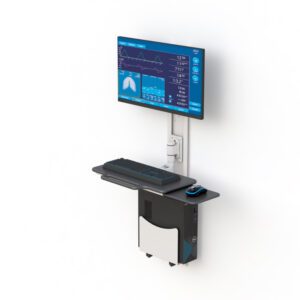 Wall-mounted computer station with monitor arm, foldable keyboard tray, printer shelf, and CPU mount on vertical track.