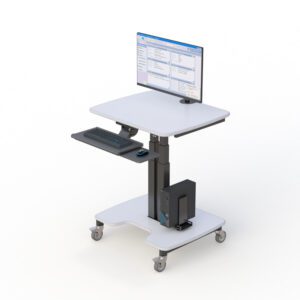 Mobile medical computer stand on wheels with adjustable monitor arm, keyboard tray, and sturdy base.