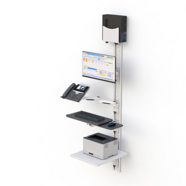 Wall-mounted computer workstation with adjustable monitor arm, fold‑out keyboard tray, printer shelf, and CPU holder on vertical track.