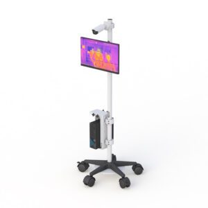 Telehealth cart featuring large monitor, PTZ camera mount, dual speaker attachments, and mobile base.