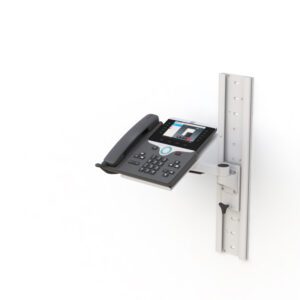 Height‑adjustable wall‑mounted telephone shelf arm on vertical track with swivel Z‑arm.