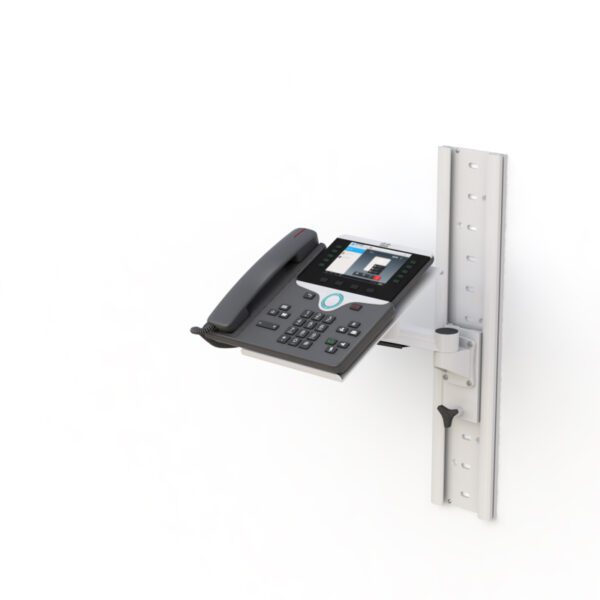 Height‑adjustable wall‑mounted telephone shelf arm on vertical track with swivel Z‑arm.