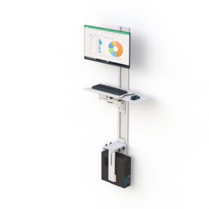 Wall-track mounted computer workstation with height-adjustable monitor arm, foldable keyboard tray, CPU holder.