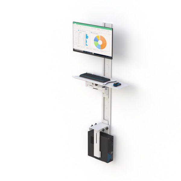 Wall-track mounted computer workstation with height-adjustable monitor arm, foldable keyboard tray, CPU holder.