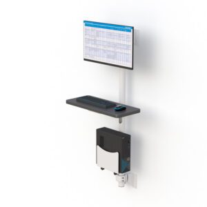 Wall-mounted computer station with single monitor, fold-out keyboard tray, and CPU holder on vertical track.