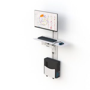 Height‑adjustable computer wall mount with monitor, keyboard tray, CPU holder on 60″ steel track.