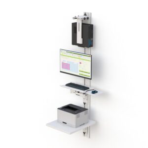 Wall-mounted computer workstation with adjustable monitor, keyboard tray, CPU holder, and printer shelf on a 90.5" track.