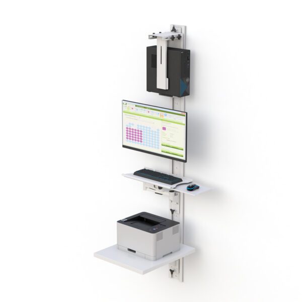 Wall-mounted computer workstation with adjustable monitor, keyboard tray, CPU holder, and printer shelf on a 90.5" track.