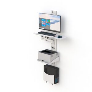 Wall-mounted computer workstation featuring dual-monitor mounts, keyboard tray with mouse holder, and printer shelf.