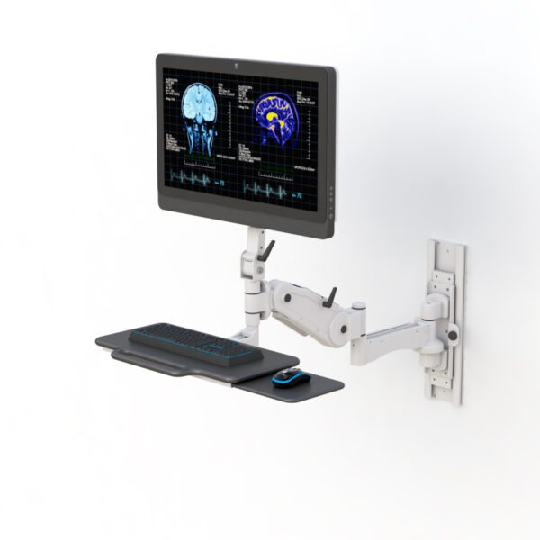 Wall-mounted monitor arm with foldable keyboard tray, adjustable height, and ergonomic design.