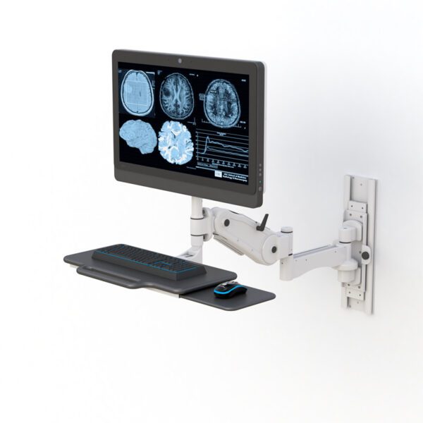 Wall-mounted monitor arm with 12" height adjustment, 45" extension, foldable keyboard tray, and antimicrobial finish.