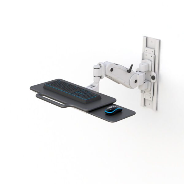Wall-mounted keyboard tray with foldable arm, ergonomic design, and lockable height adjustment lever.