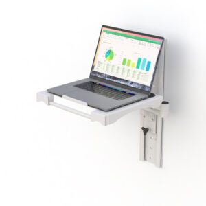 Wall-mounted articulating laptop arm with foldable tray, multi-joint track system, and secure mount.