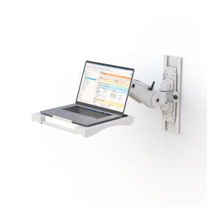 Track‑mounted laptop arm featuring foldable tray, height‑adjustable swivel arm fixed under desk track.