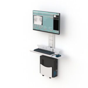 Wall-mounted computer bracket with adjustable metal arms and VESA-compatible CPU holder.