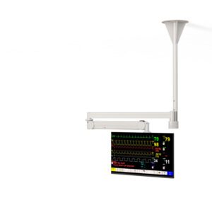 Ceiling‑mounted LCD monitor arm with adjustable swivel and tilt, sleek metal finish, and VESA mounting plate.