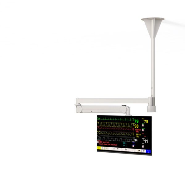 Ceiling‑mounted LCD monitor arm with adjustable swivel and tilt, sleek metal finish, and VESA mounting plate.