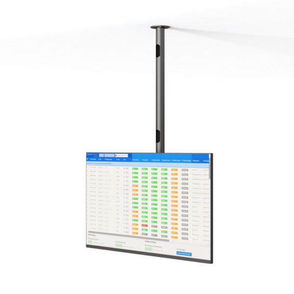 Articulating ceiling mount with flat-screen monitor, adjustable pivot arms, and secure ceiling plate.
