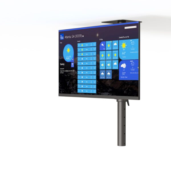 LCD flat-screen monitor mounted on ceiling arm with adjustable tilt and swivel mechanism.
