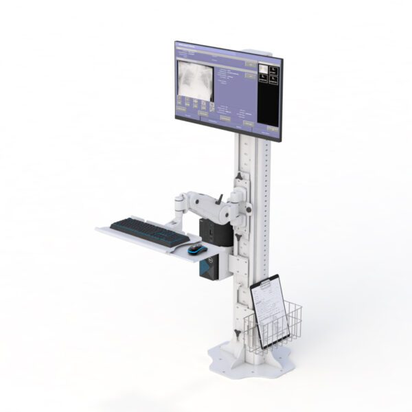 Stationary floor-mounted computer workstation with adjustable monitor arm, keyboard tray, CPU holder on stable base.