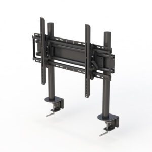 Desk-mounted monitor stand with dual poles, sliding horizontal rail, and adjustable VESA bracket for ergonomic viewing.