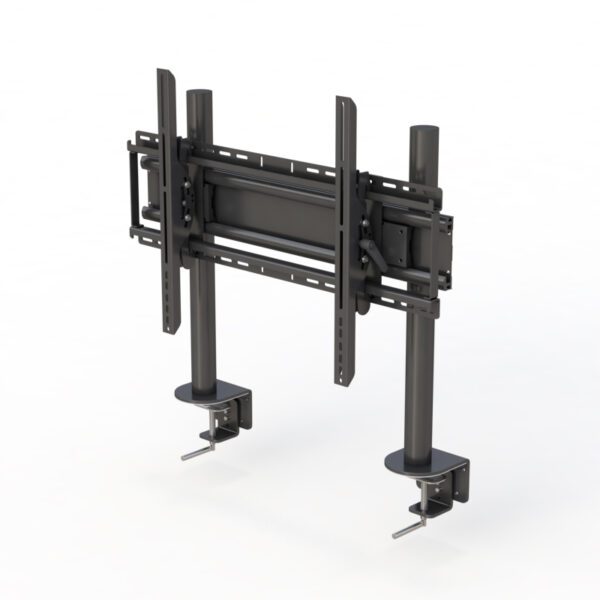 Desk-mounted monitor stand with dual poles, sliding horizontal rail, and adjustable VESA bracket for ergonomic viewing.