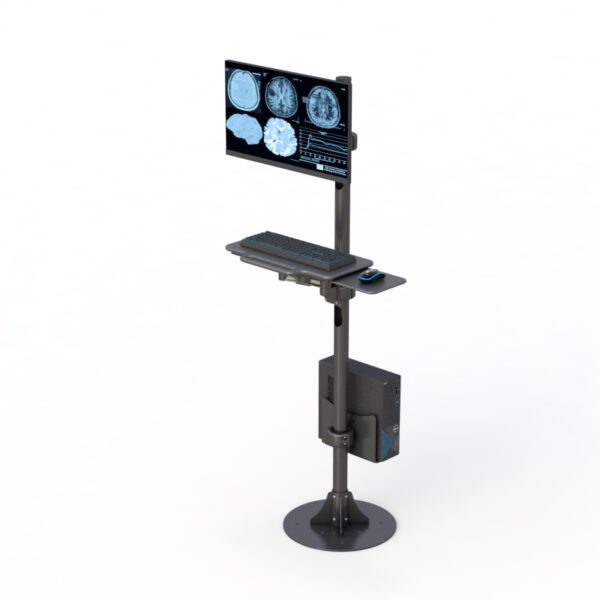 Pole Mount Computer Station with Floor Plate Accessory, adjustable pole-mounted workstation with integrated keyboard tray and CPU holder