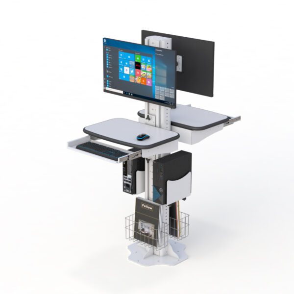 Floor-mounted stand with adjustable arms supporting an ergonomic monitor set up for hands-free computer access.