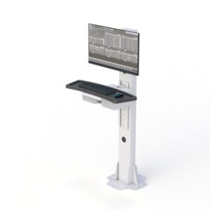 Floor computer stand shown with dual articulating arms and secure base for ergonomic equipment placement.