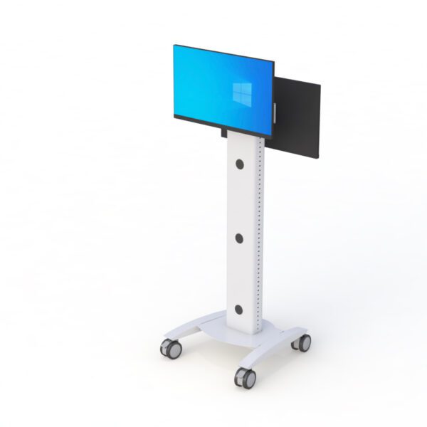 Side view of mobile computer stand showing height-adjustable pole and smooth-rolling caster wheels.