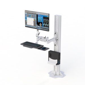 Triple monitor desk stand clamp with adjustable arms mounted on an industrial workstation for ergonomic productivity.