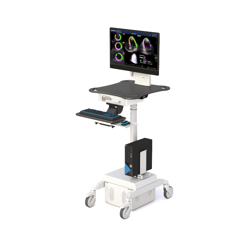 Mobile workstation cart with monitor, extendable keyboard tray, cable management, and CPU mount frame