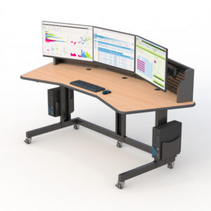 Escritorio de ordenador con soportes de monitor de pared de listones