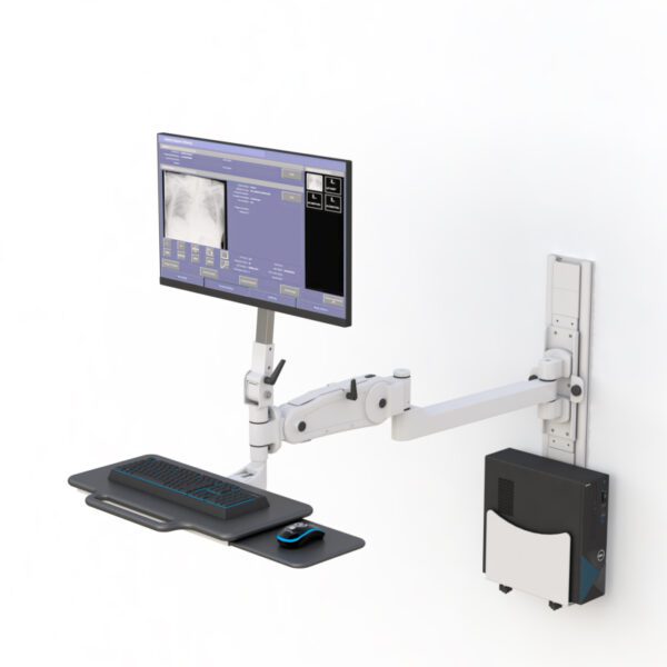 Side view showing workstation folded open with monitor, keyboard tray, and printer shelf extended.