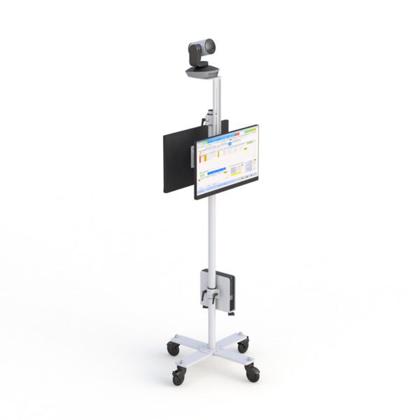 Front view of thermal imaging cart with dual monitor mounts and stable wheeled base