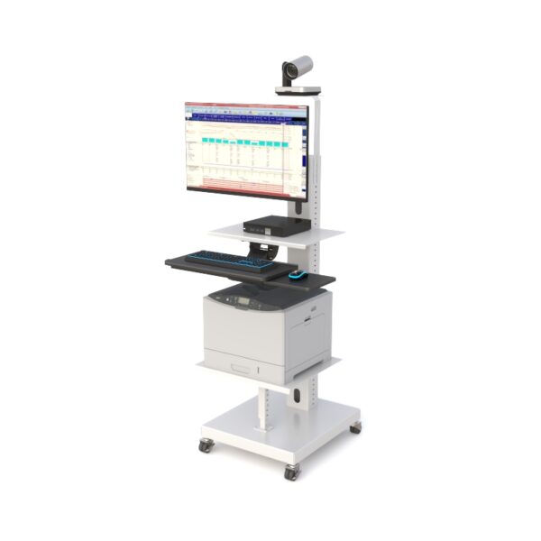 Front view of surveillance monitor cart with steel uprights and dual-wheel casters for mobility