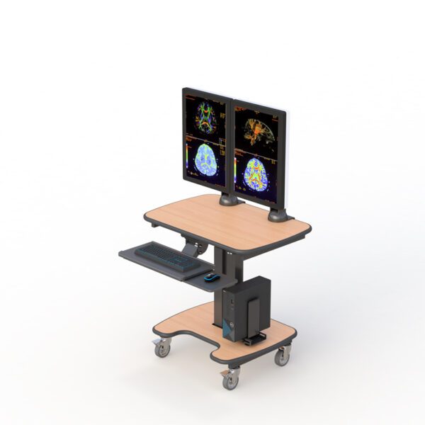Front view of mobile computer cart with pole-mounted monitor and ergonomic handle"