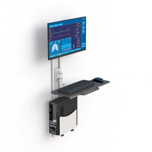 Side view of computer station with monitor arm extended, keyboard tray unfolded, and CPU shelf below.track.