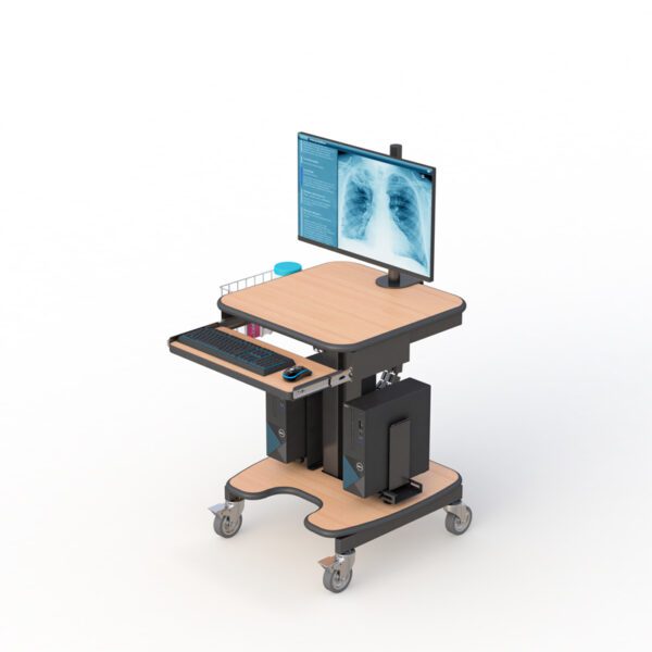 Front view of the medical computer stand showing ergonomic design and height-adjustable monitor mount.