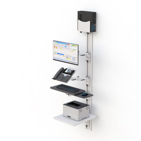 Side view showing monitor arm extended on wall track with keyboard tray and CPU holder below.