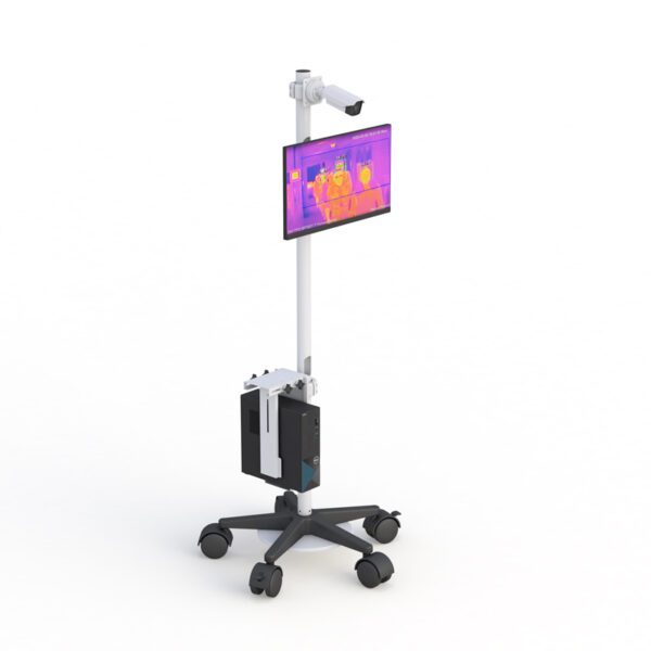 Front view of telehealth cart displaying mounted monitor, camera bracket, and dual speakers.