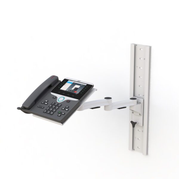 Side view showing telephone shelf extended on adjustable vertical track arm.