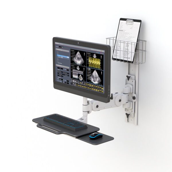 Side view of monitor arm fully extended from wall track with keyboard tray and mouse shelf deployed.